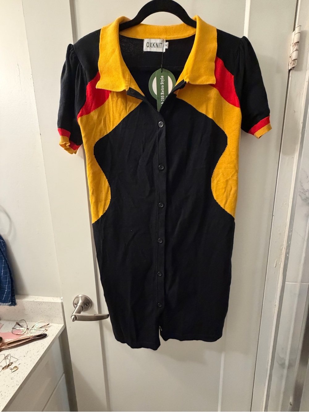OXKnit Black Knit Button-Front Dress with Yellow & Red Accents